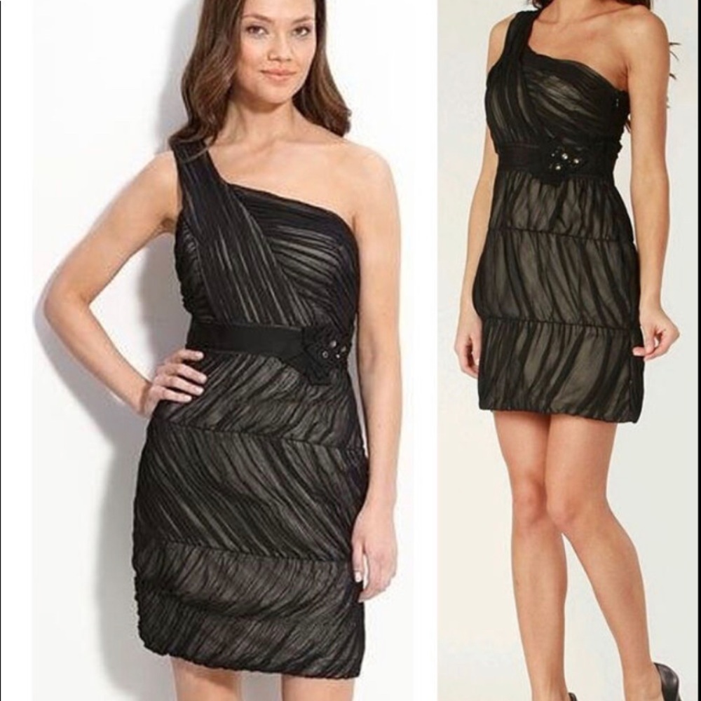 Max And Cleo Sandrine One Shoulder Black Sheer Overlay Chiffon Dress 12